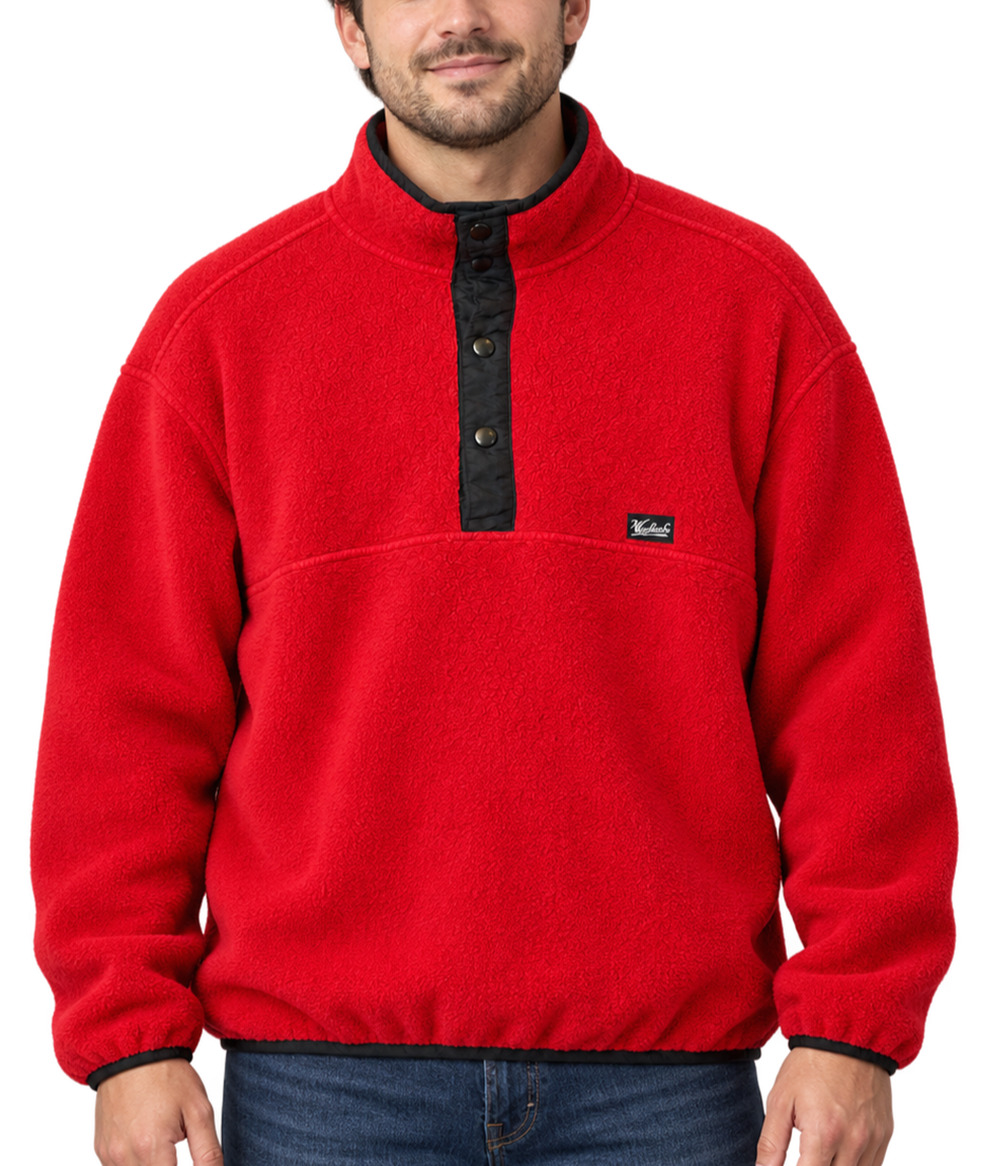 Woolrich Mens Vintage L Red Fleece Pullover Snap Neck Black Trim Outdoor Gorp